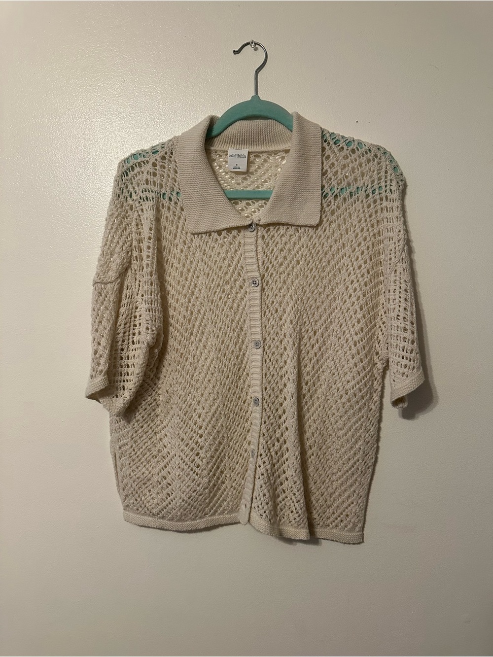 Open-Knit Collared Button-Up Sweater - Cream